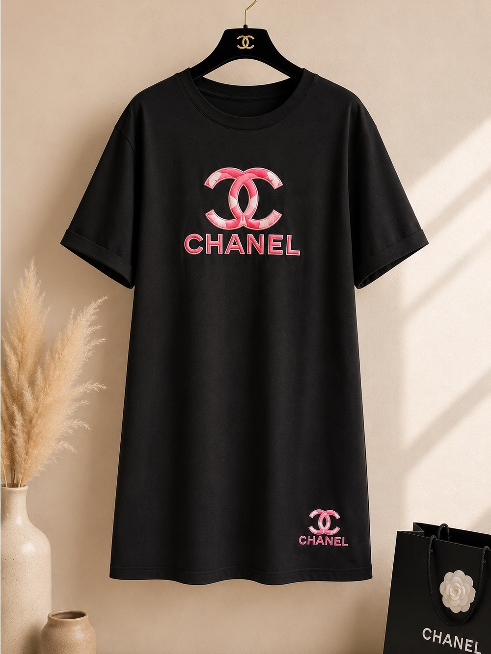 Black Tee Dress with Pink Logo